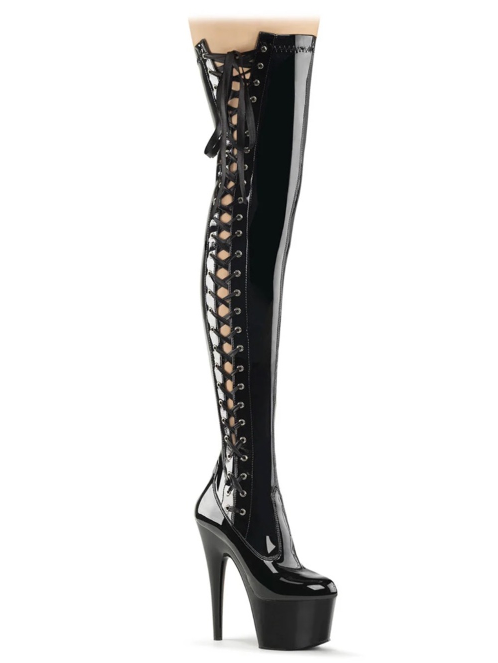 Pleaser Adore 3050 Black Patent Thigh High Lace-Up Platform Boot